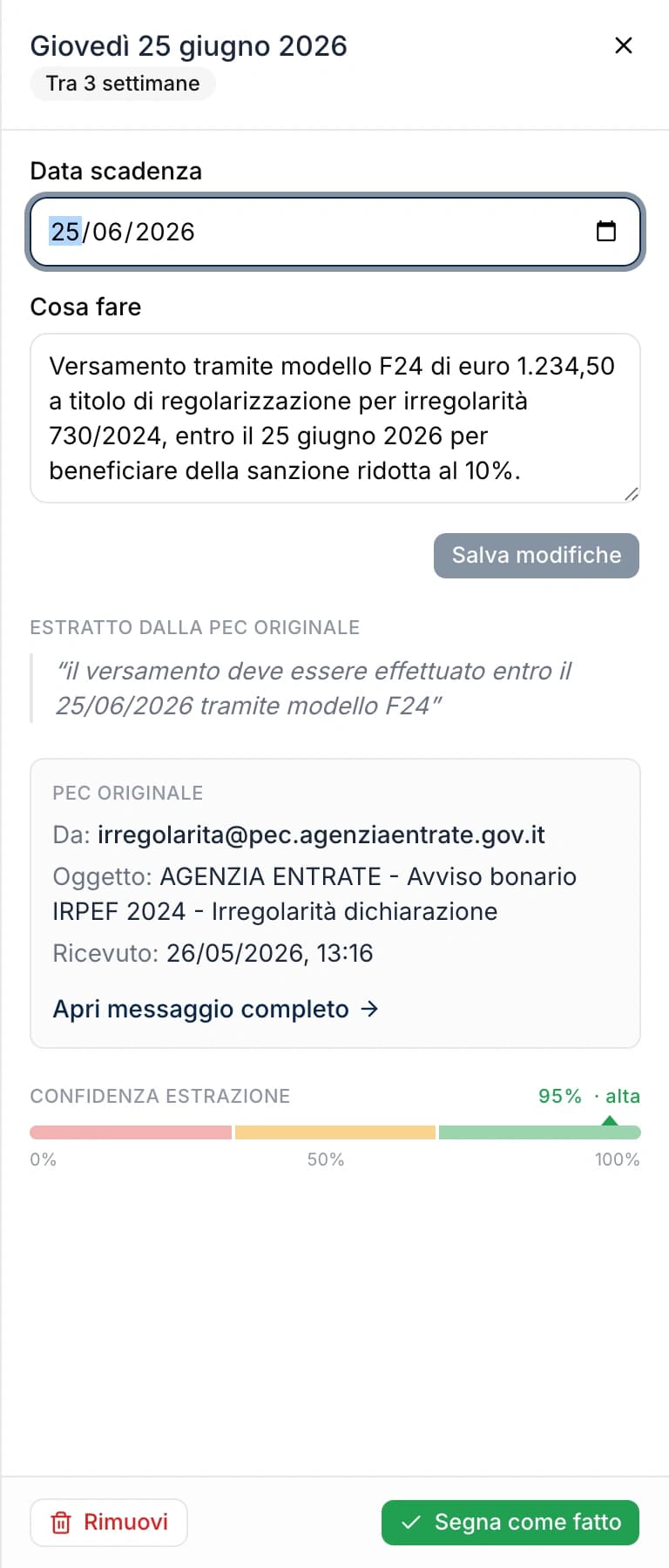 Il drawer di dettaglio: la PEC originale dell'Agenzia delle Entrate e il confidence score.